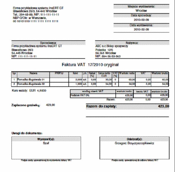 Faktura Sprzeda y W Euro Dla Podmiot w Krajowych